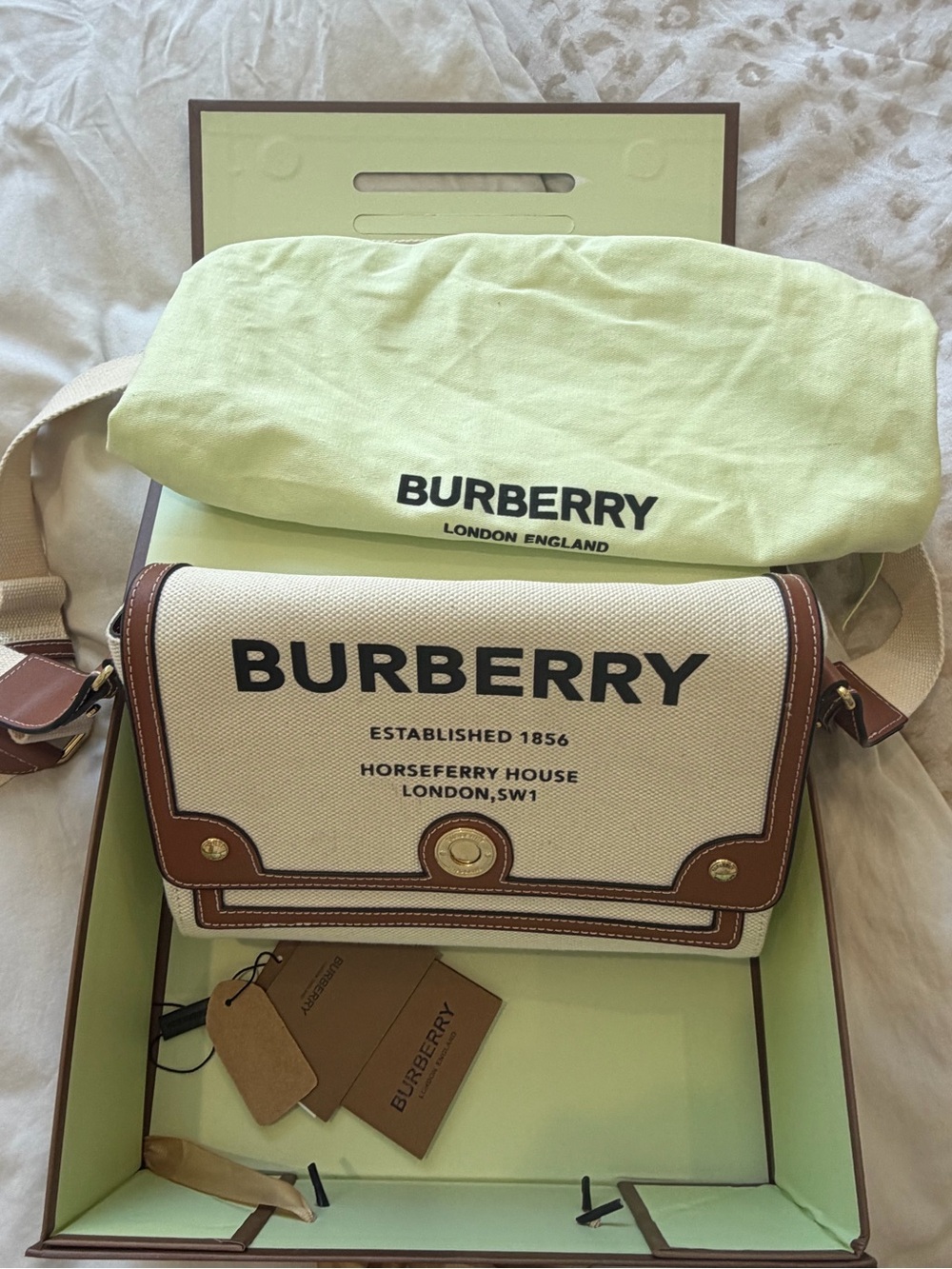 Burberry Cream Canvas Messenger Bag with Brown Leather Trim and Black Logo